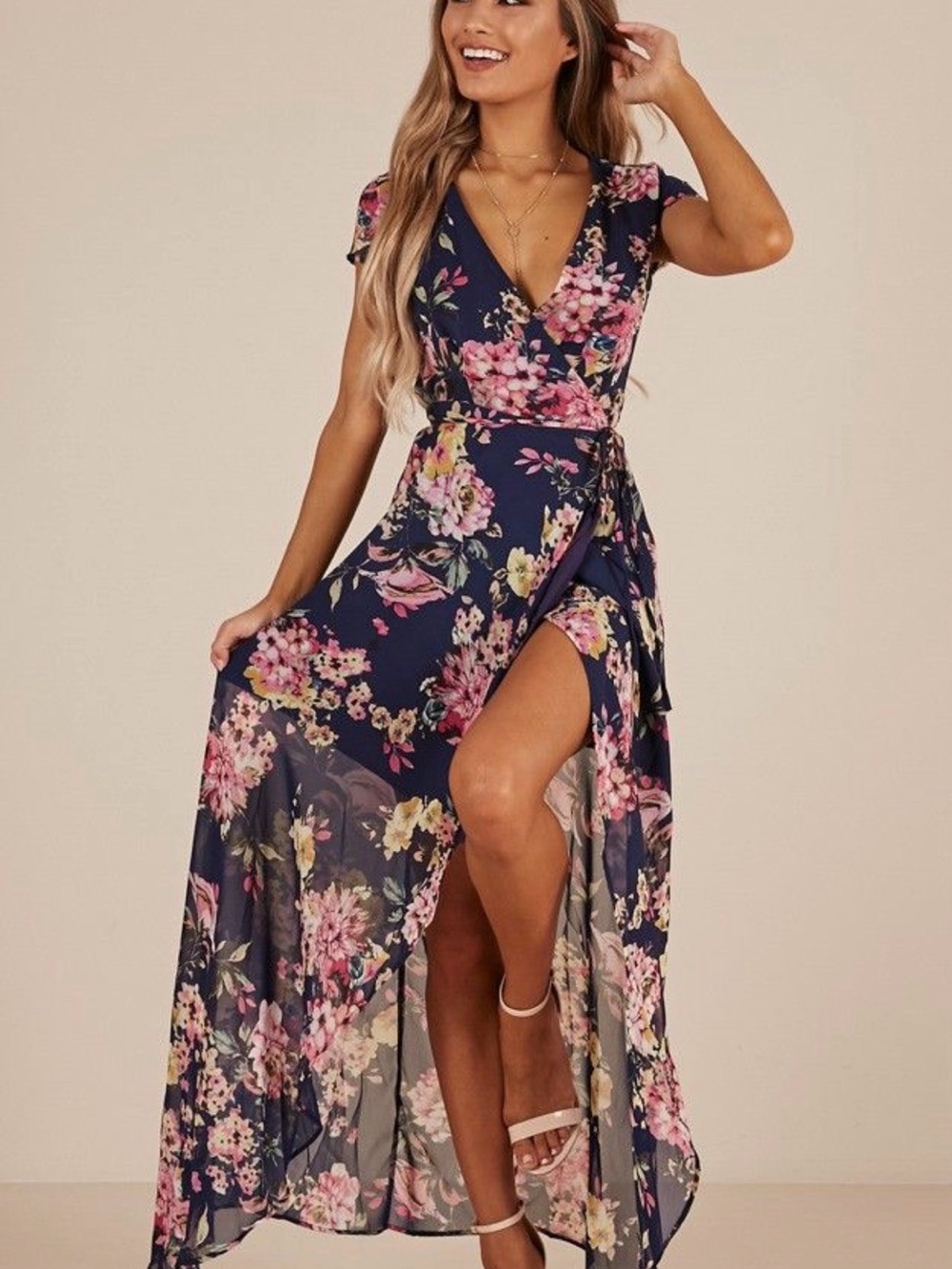 Showpo Wrap And Cross Maxi Dress in Navy Floral – Size 2